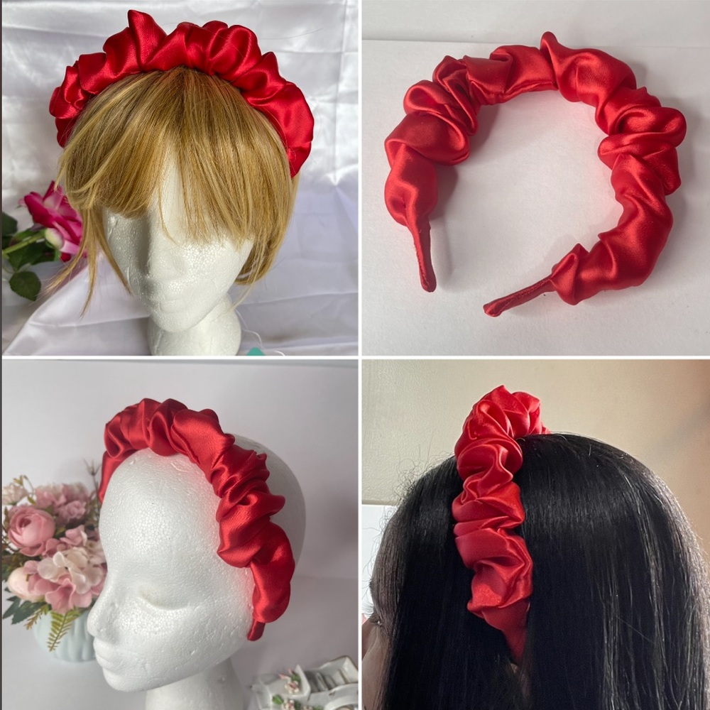 Red Satin Headband wrap scrunched For Women Pleated design - Picture 2 of 15